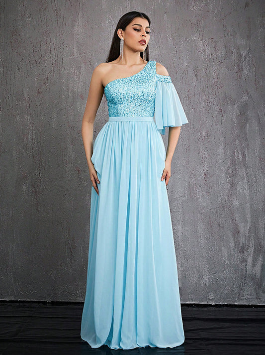 one shoulder sequin detail tulle maxi dress in blue