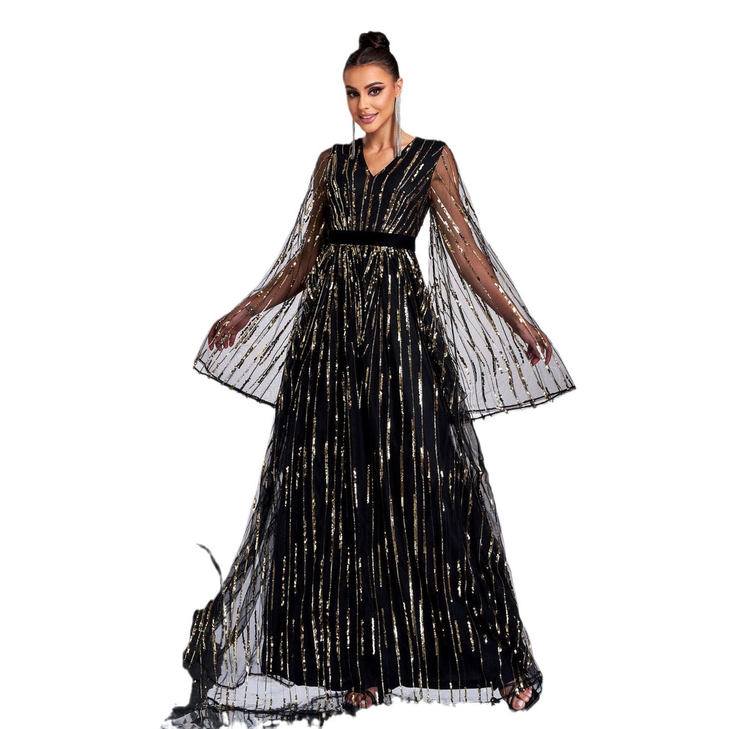 v-neck sequin applique tulle sleeve maxi dress in black