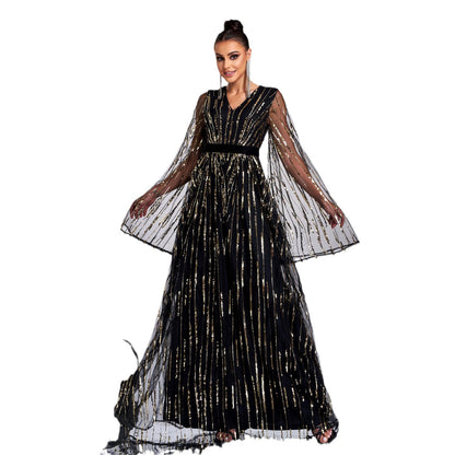 v-neck sequin applique tulle sleeve maxi dress in black