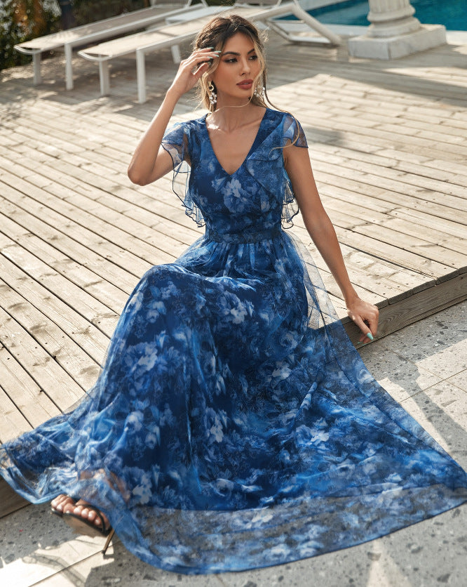 v neck floral print ruffle maxi dress in blue