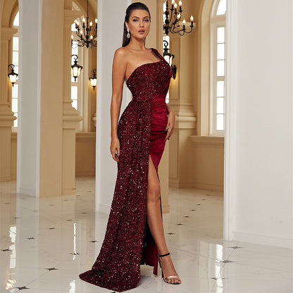 jenny one shoulder sequin patchwork velvet high slit maxi dress