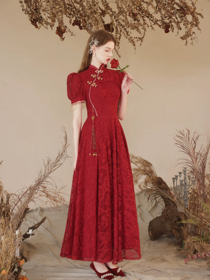 puff sleeve embroidery maxi dress in claret