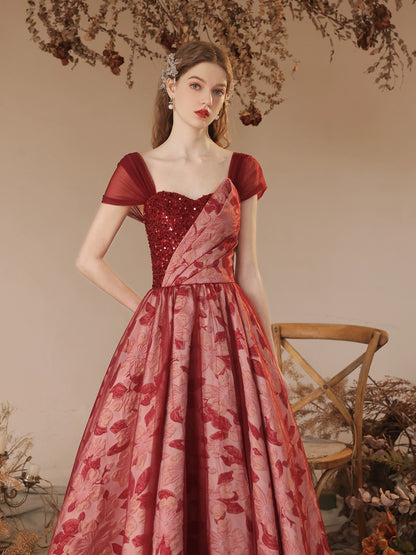 off-sholuder floral print maxi dress in wine-red
