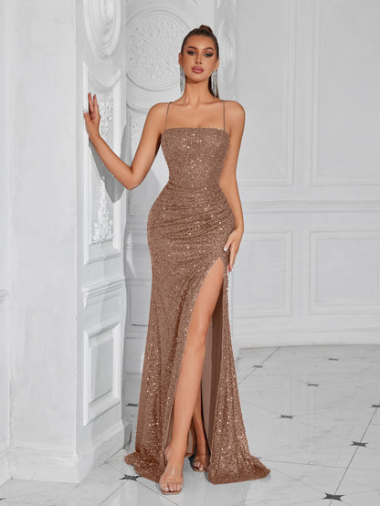 erica sequin pleated slim maxi dress