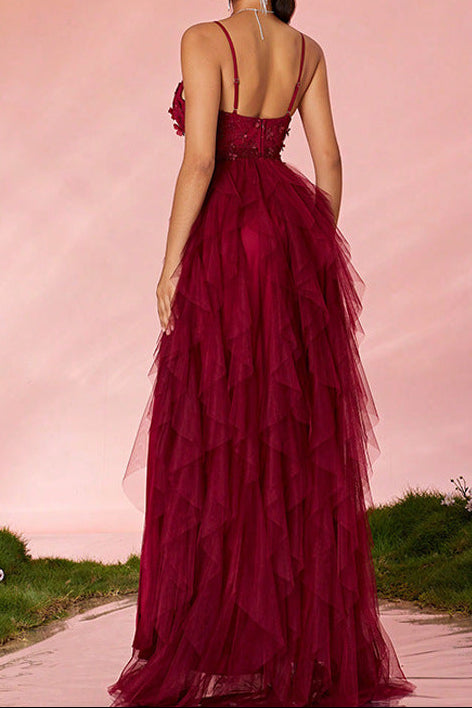 floral emdroidery tulle high slit maxi dress in red