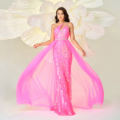 One-shoulder asymmetrical neckline sequined mesh dress