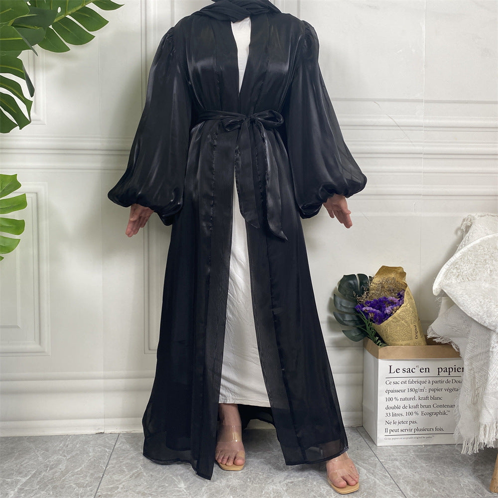 Shiny Silk Balloon Sleeves Lined Cardigan
