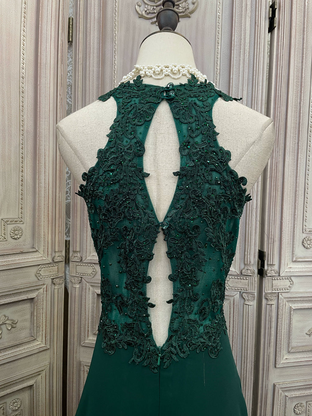 Dark green lace chiffon patchwork rhinestone long dress