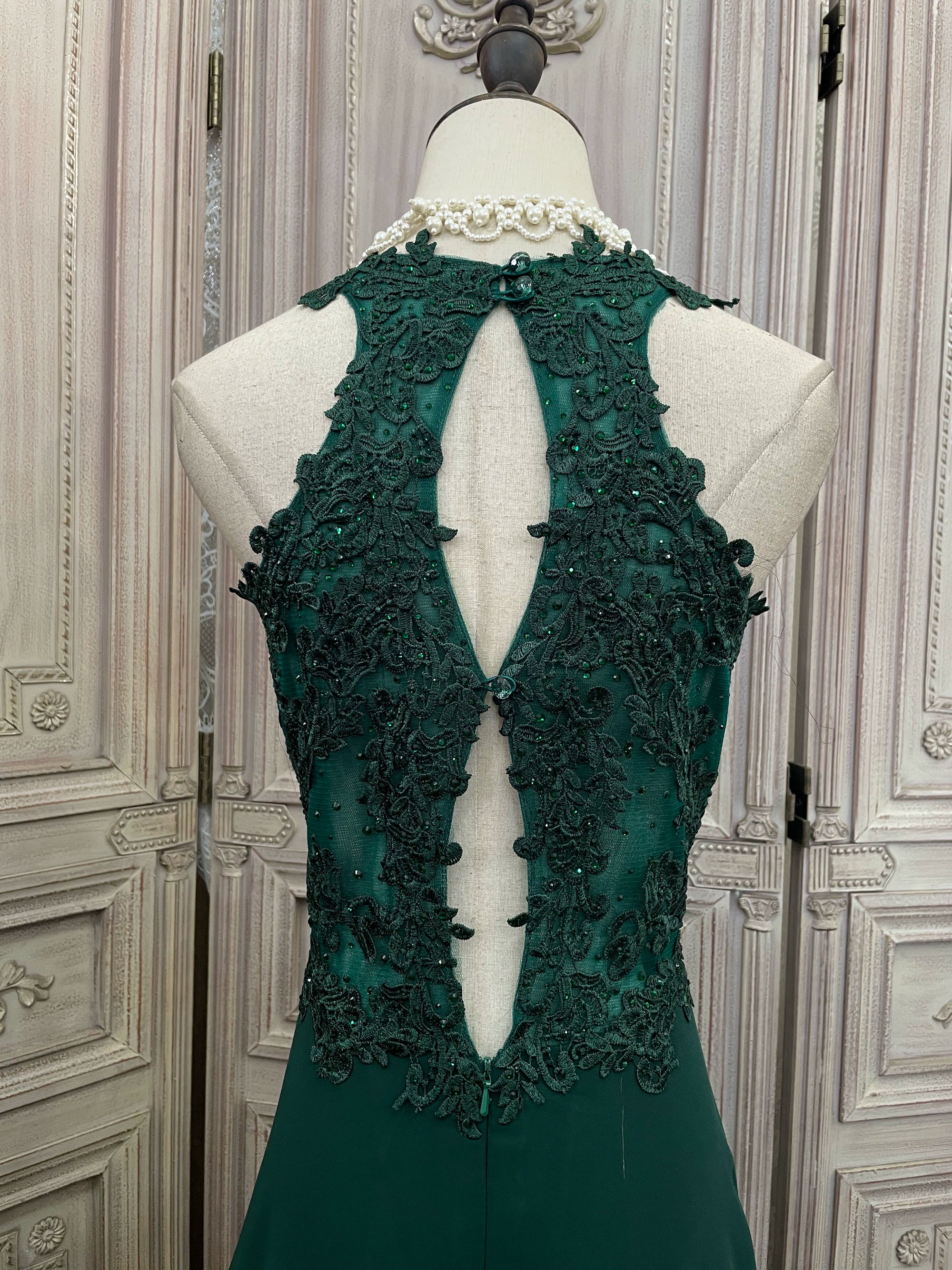 Dark green lace chiffon patchwork rhinestone long dress