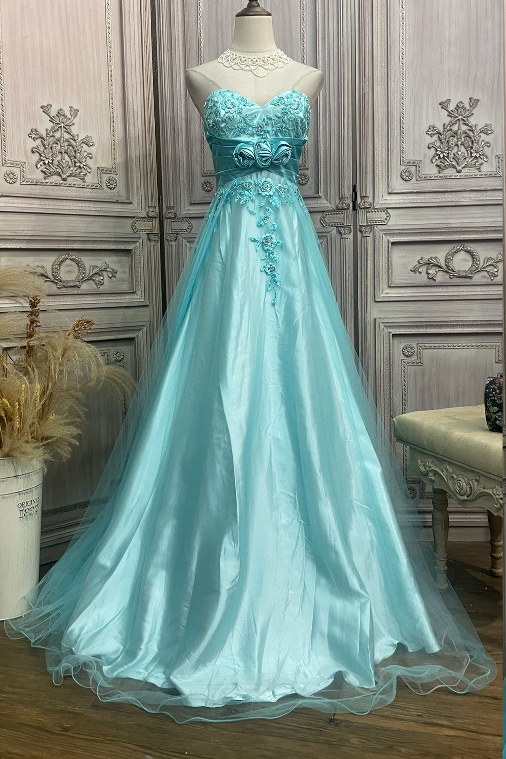 Blue embroidered mesh tube top long dress