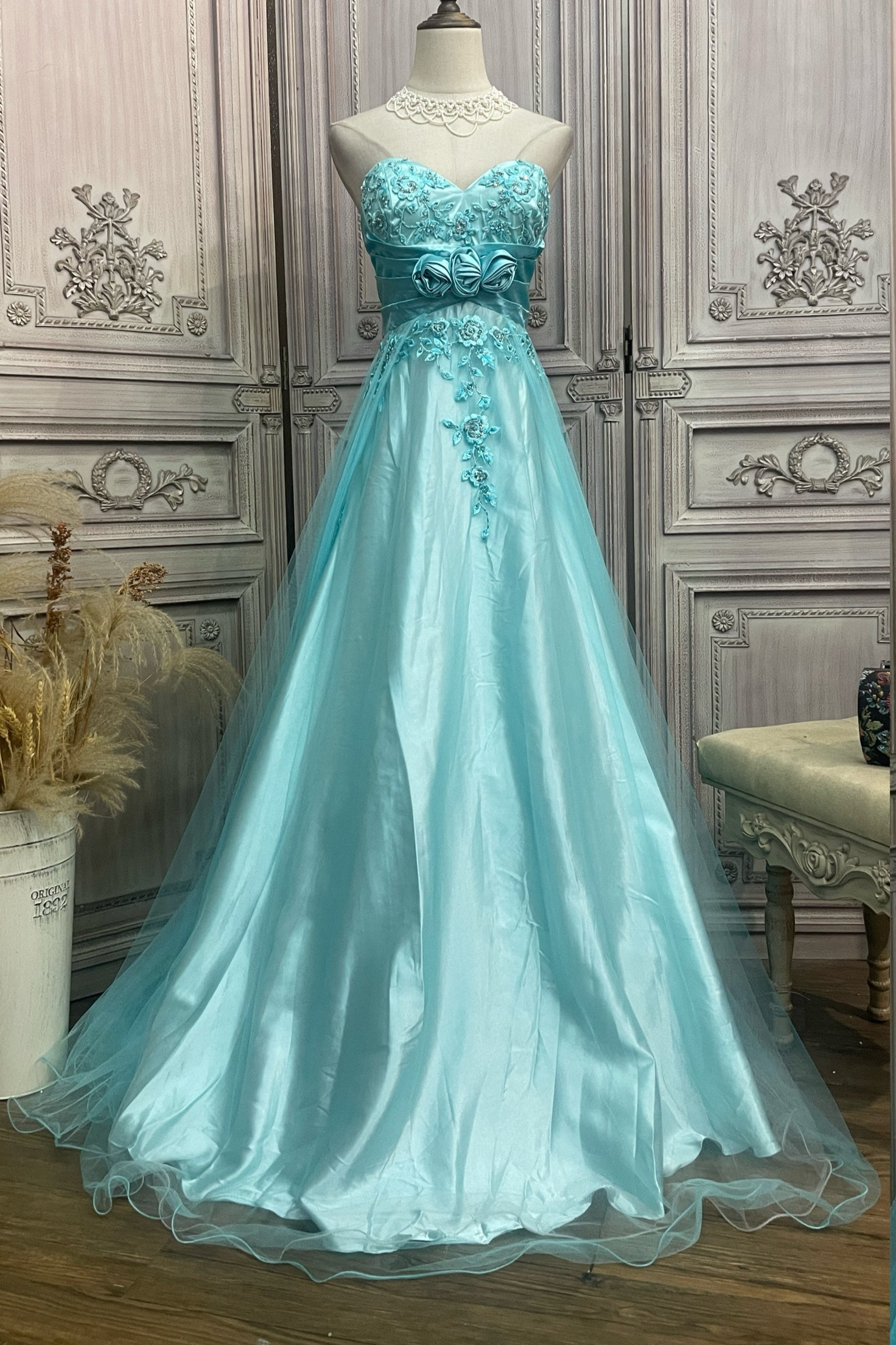 Blue embroidered mesh tube top long dress