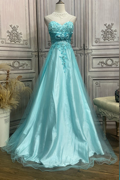 Blue embroidered mesh tube top long dress