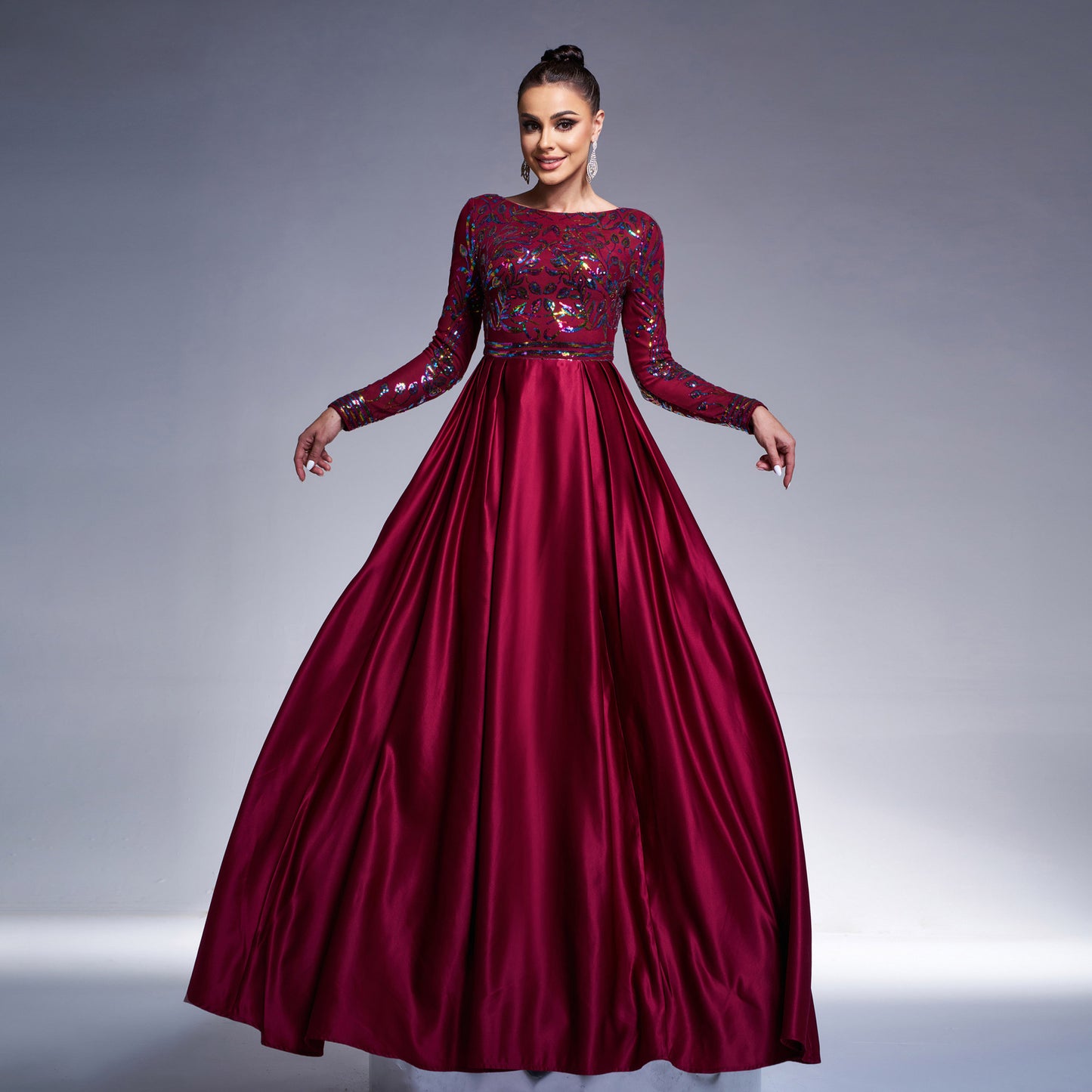 sequin print long sleeve satin maxi dress