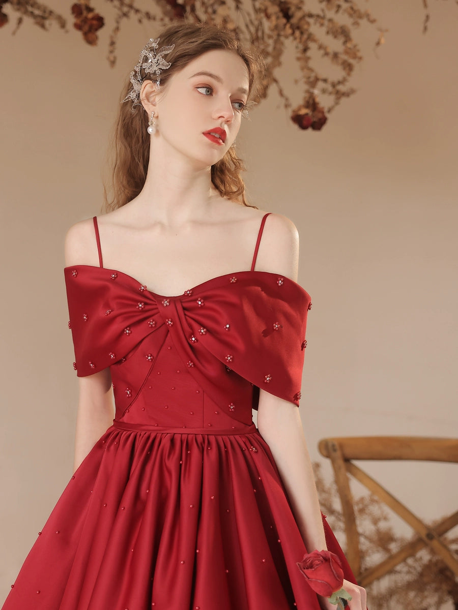 Claret pearl embellished satin bow maxi dress