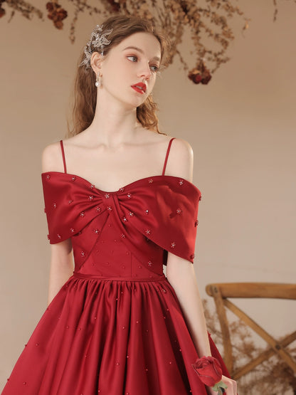 Claret pearl embellished satin bow maxi dress