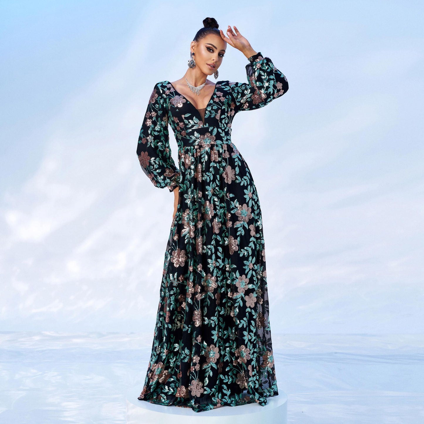 v neck sequin floral print puff sleeve maxi dress