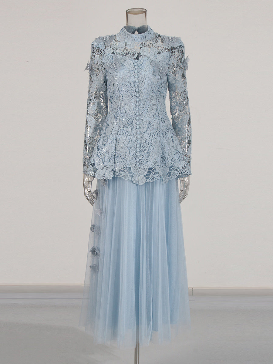 Yvette blu - Top e gonna a farfalla in pizzo con maniche lunghe e pieghe, set due pezzi