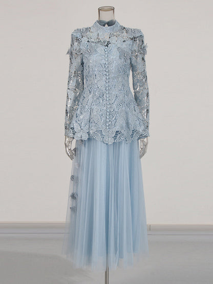 yvette blue Long Sleeve Folds Lace Butterfly Top And Skirt Two-Piece Set