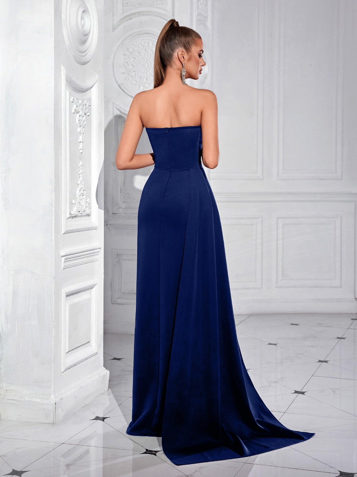off shouder pleated high slit bodycon satin maxi dress
