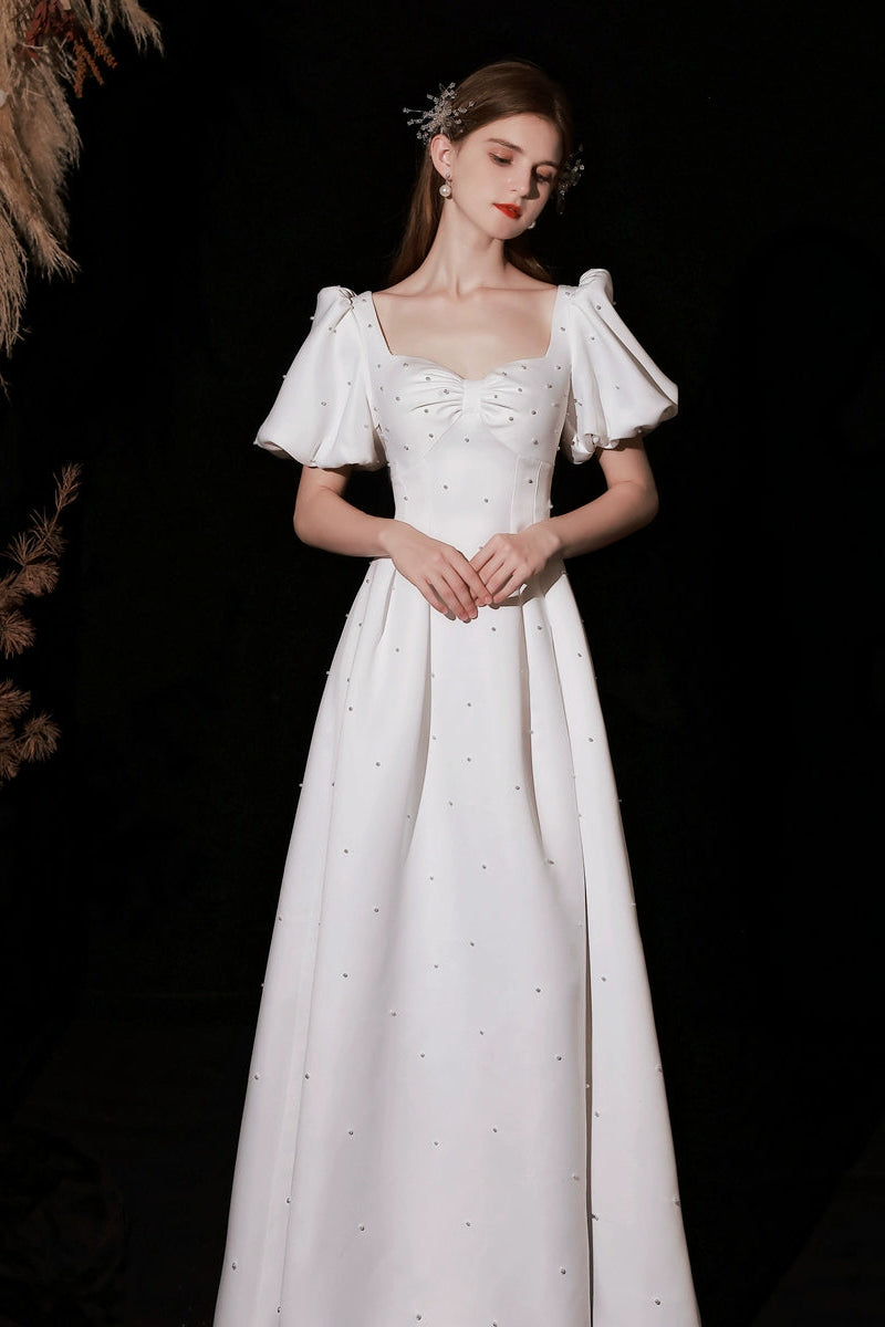 pearl embellished puff short sleeve maxi dress in white