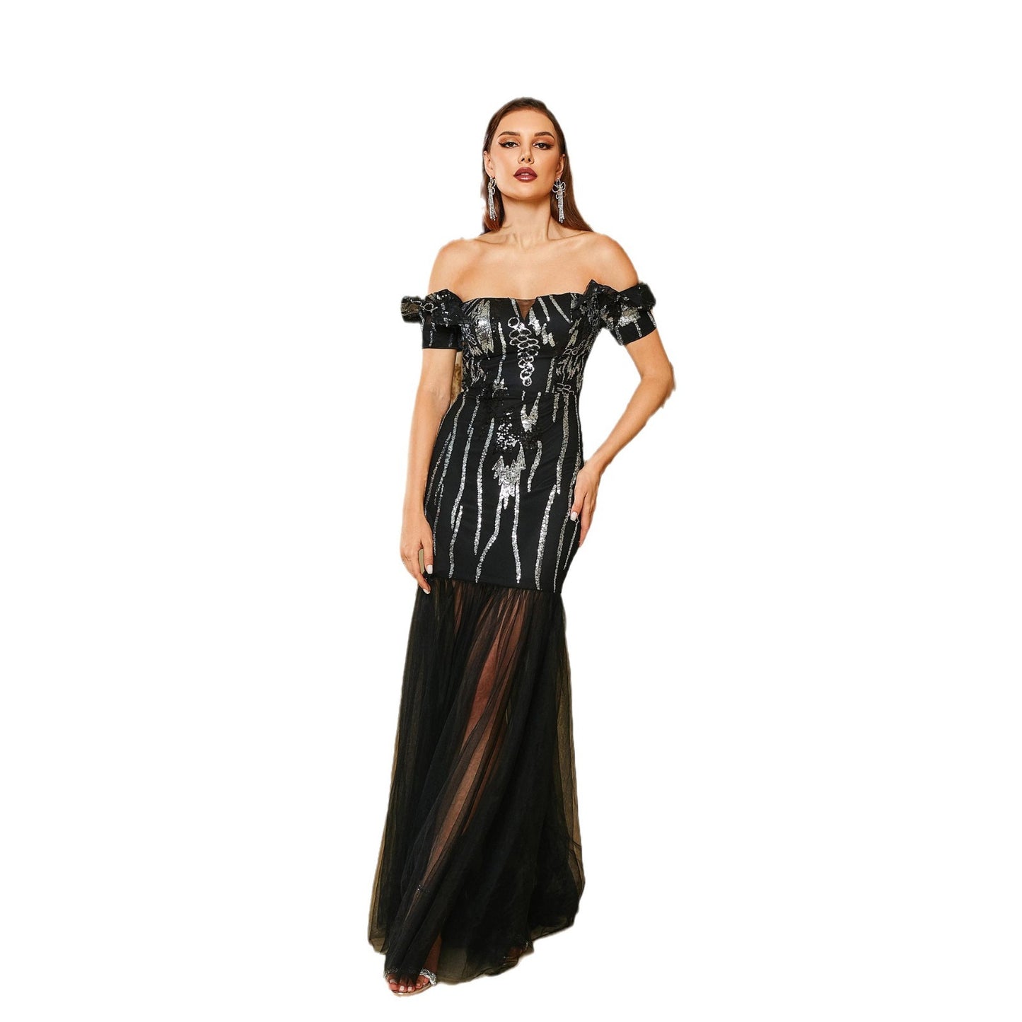 black Off-the-shoulder long sequined fishtail maxi dress