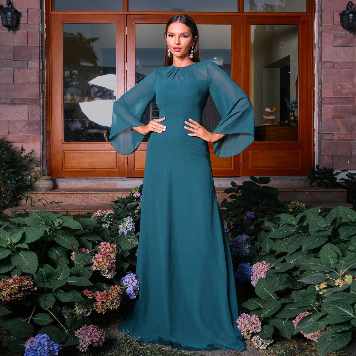simona dark green chiffon maxi dress