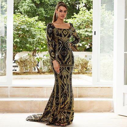 square neck sequin print maxi dress