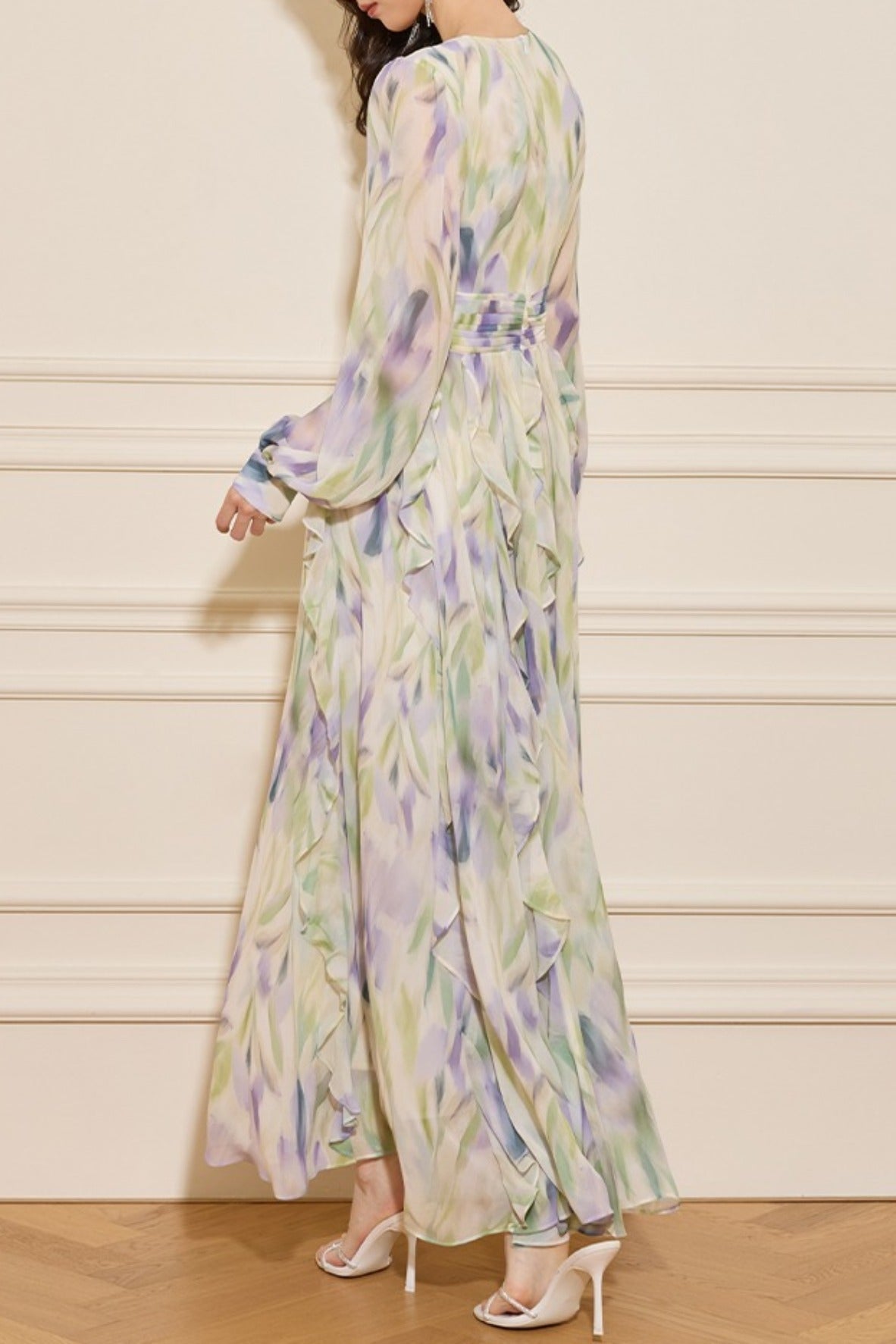 rachel multicolor v-neck floral print lantern sleeve maxi dress