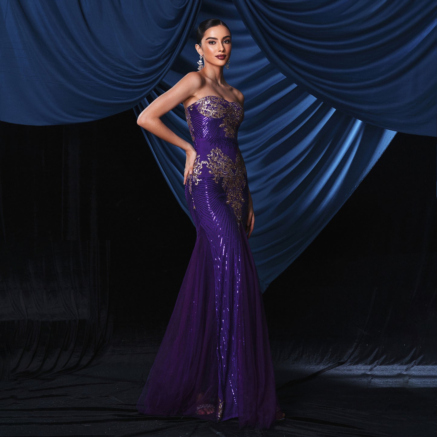 jennifer sequin patern applique strapless maxi dress in purple