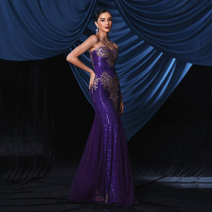 jennifer sequin patern applique strapless maxi dress in purple