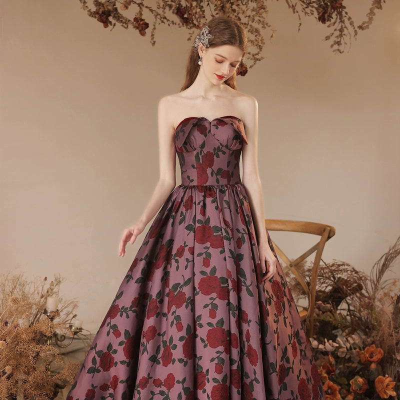 rose floral print strapless maxi dress in claret