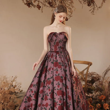 rose floral print strapless maxi dress in claret