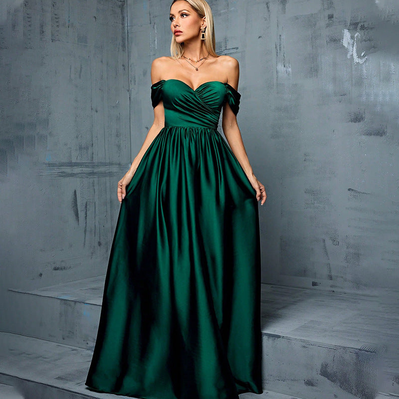 off shoulder ruched satin maxi dress in green