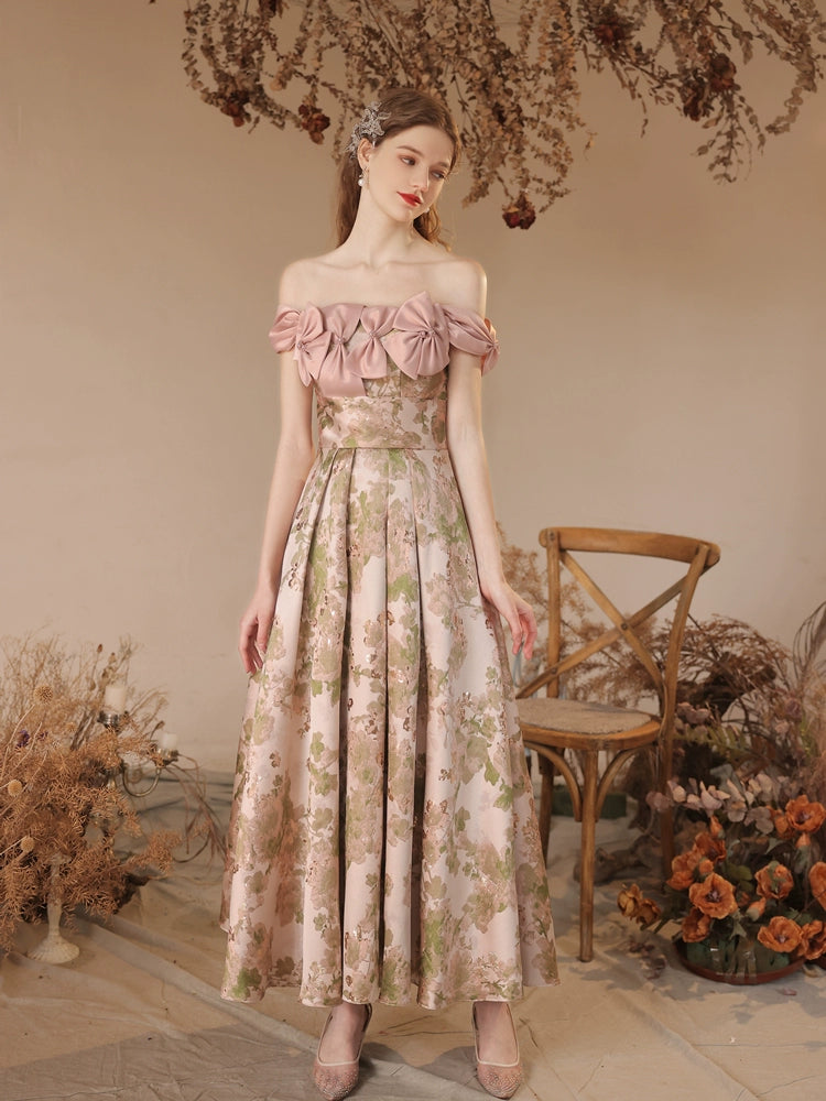 off-shoulder floral print bow satin maxi dress in pink