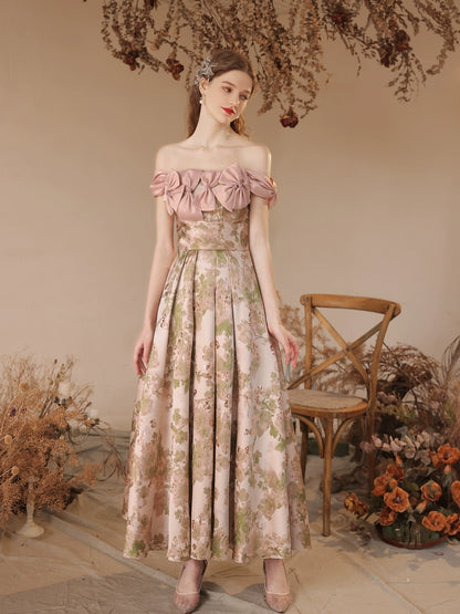 off-shoulder floral print bow satin maxi dress in pink
