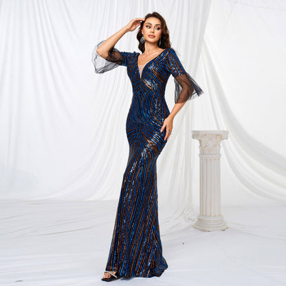 sequin stripe detail bodycon maxi dress in dark blue