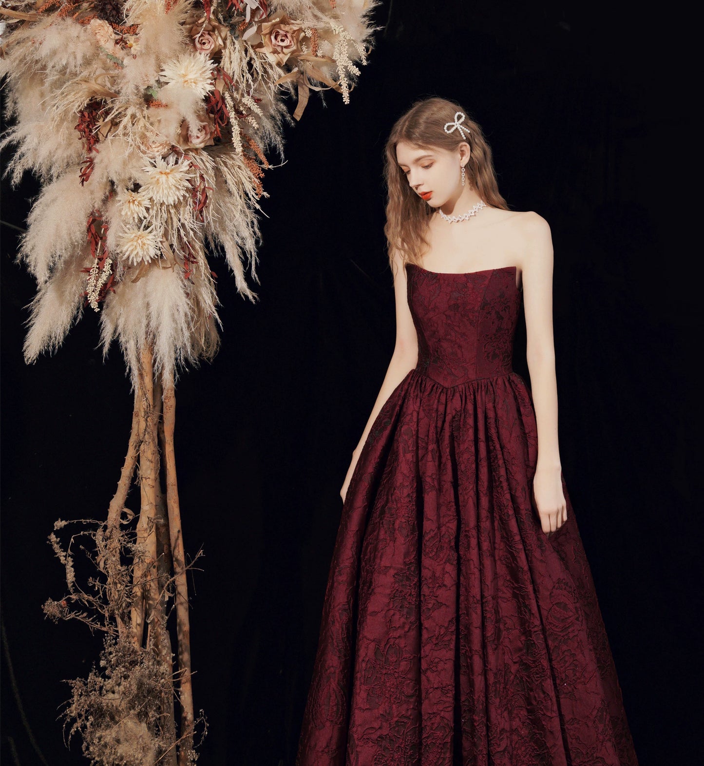 kate Red satin strapless maxi dress