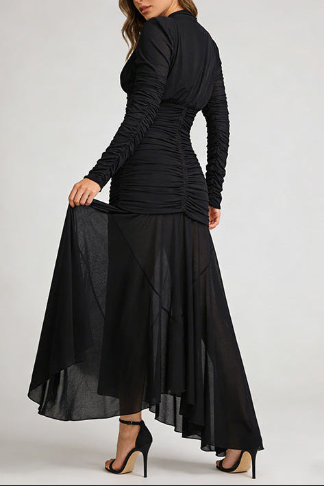 josephine v-neck ruched long-sleeve maxi dress in black