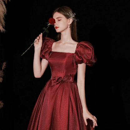 square neck puff short sleeve maxi dress in burgundy