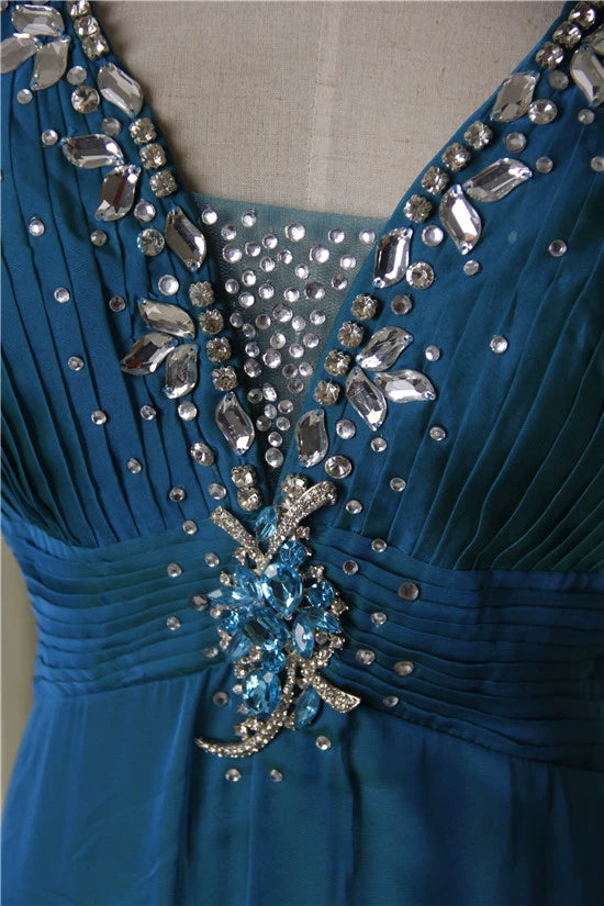 Peacock blue glass diamond shoulder chiffon maxi dress