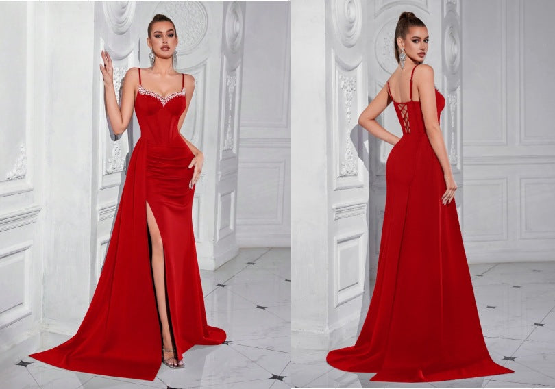 evelyn Rhinestones satin draped high slit maxi dress
