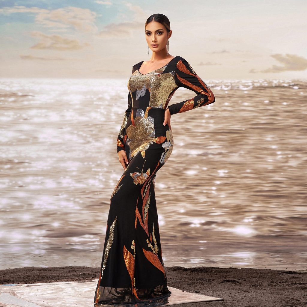 V-neck floral print bodycon sequined evening maxi dress - black/gold