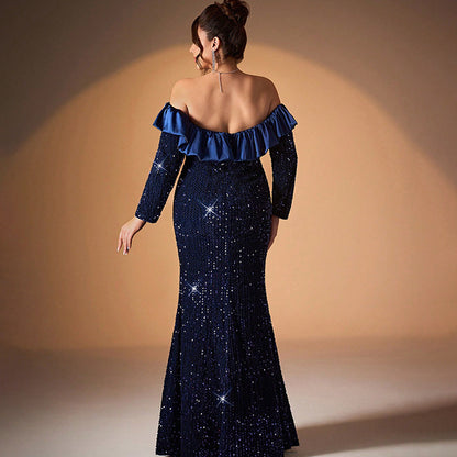 off shoulder  ruched sequin maxi dress in dark blue