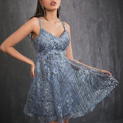 sequin stripe patern mini dress in grey