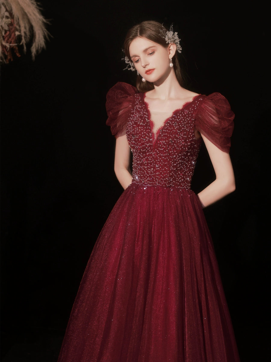lura sequin v-neck puff short sleeve maxi dress in claret
