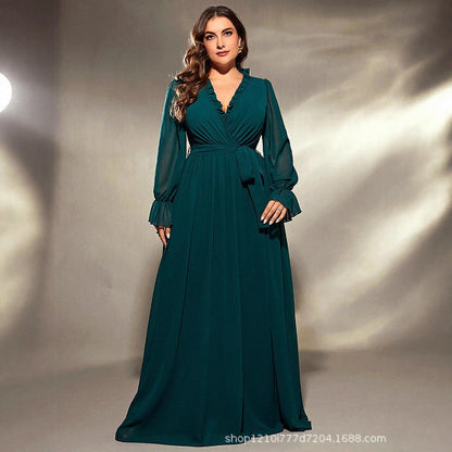 wendy v neck long sleeve chiffon maxi dress in green