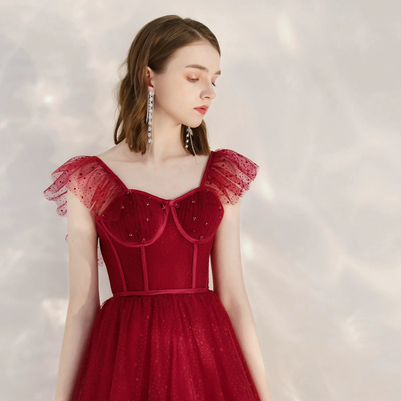 sleeveless tulle midi dress in wine red