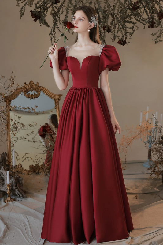 Red puff sleeve satin maxi dress