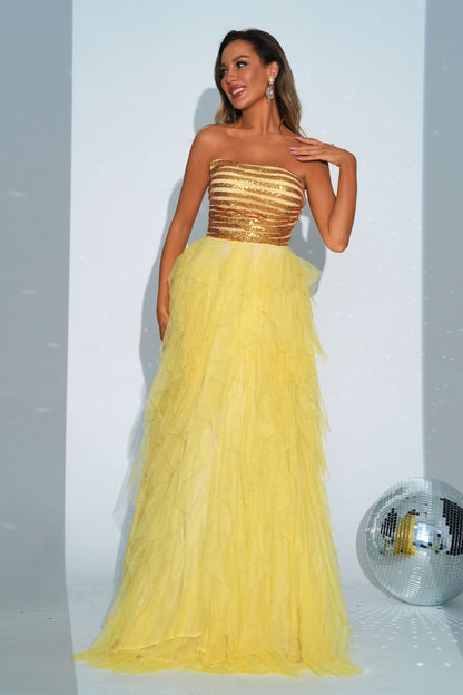 buttocks sequins tulle swing evening dress in yellow
