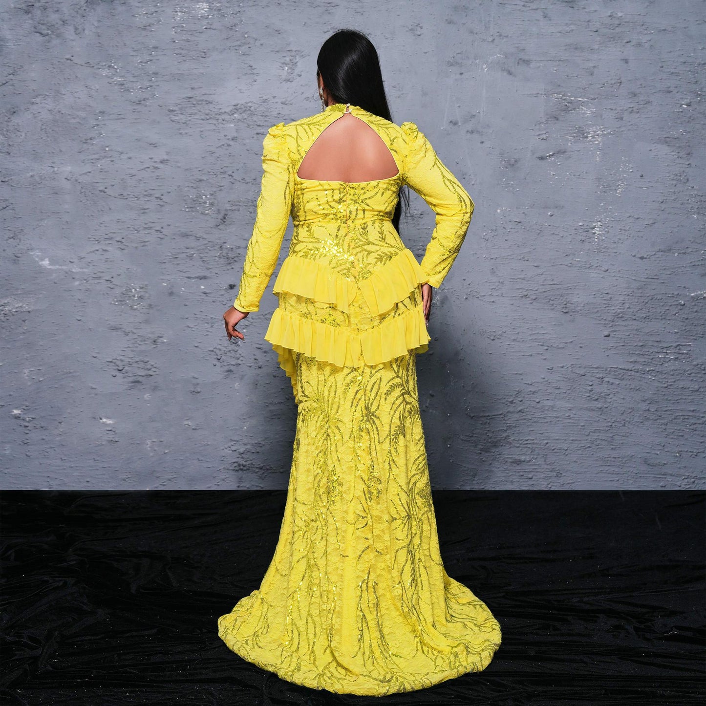 long sleeve sequin detail ruffle trim maxi dress in yellow